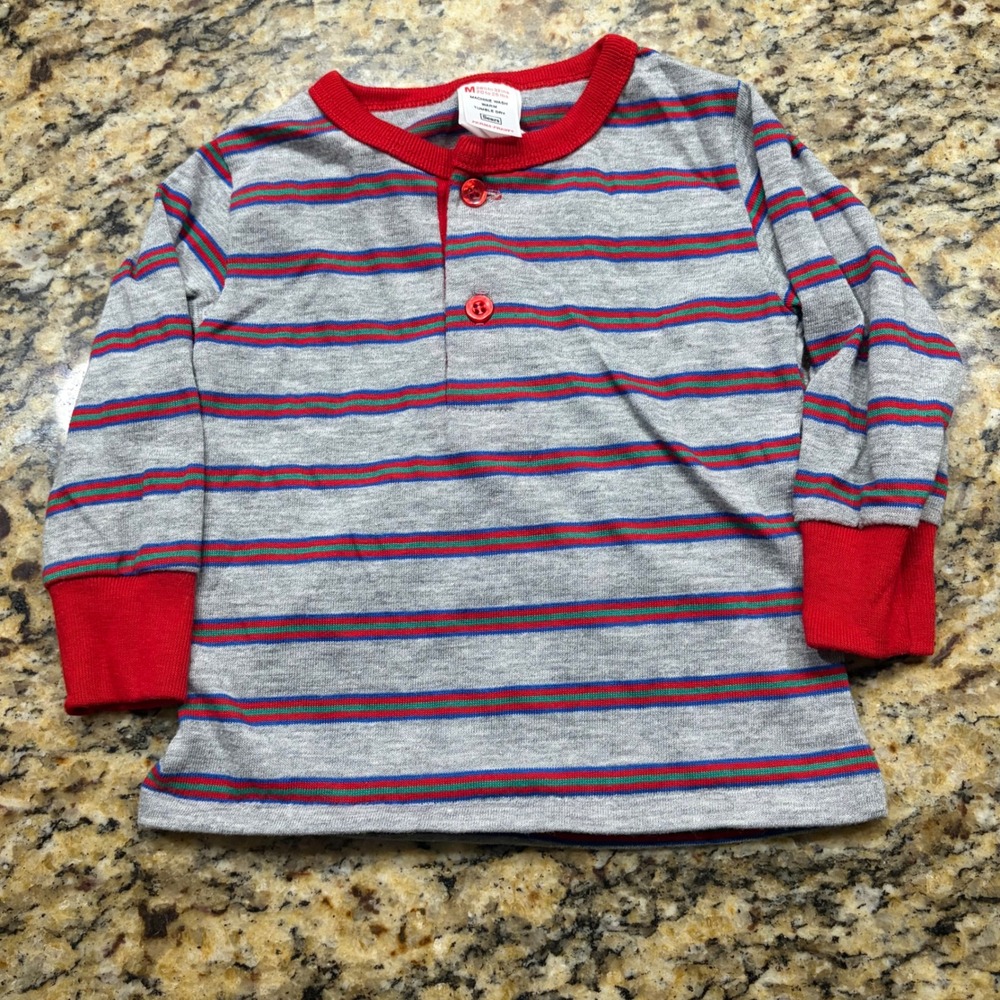 Vintage Sears Perma-Prest Boy Striped Henley Shirt Gray Red Blue Size M 20-25lb